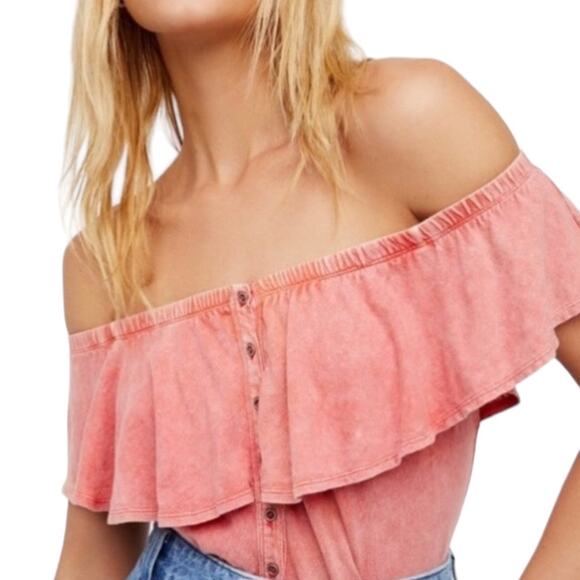 Free People Love Letter Ruffled Tube Top XS Off Shoulder Coral We The Free Boho - Picture 9 of 9